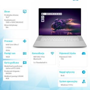 Laptop Dell 16 Premium DA16250 Win11Pro U7-255H|16GB|1TB SSD|NVIDIA GeForce RTX 5050, 8GB GDDR7| WLAN + BT|16.3 FHD|Backlit Kb|6 Cell