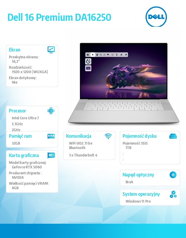Laptop Dell 16 Premium DA16250 Win11Pro U7-255H|32GB|1TB SSD|NVIDIA GeForce RTX 5060, 8GB GDDR7|WLAN + BT|16.3 FHD|Backlit Kb|6 Cell