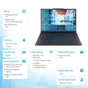 Ultrabook ThinkPad T1G G8 21TD0004PB W11PRO Ultra 9 285H/64GB/2TB/RTX 5070 8GB/16.0 WUXGA/Black/vPro/3YR Premier NBD + 3YRS Ci + CO Offset