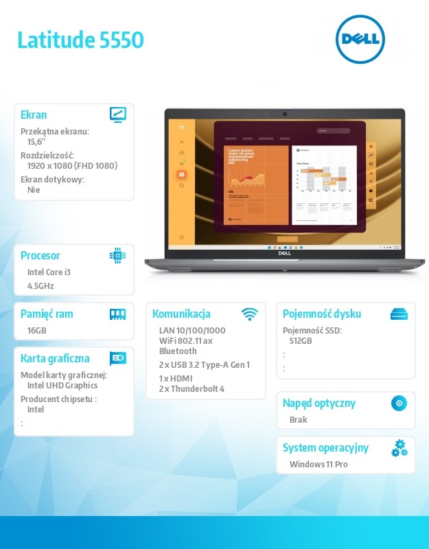 Laptop Latitude 5550 Win11Pro i3-1315U/16GB/512GB/15.6 FHD/UHD/FgrPr/FHD Cam/Mic/WLAN + BT/Backlit Kb/3 Cell/3YPS
