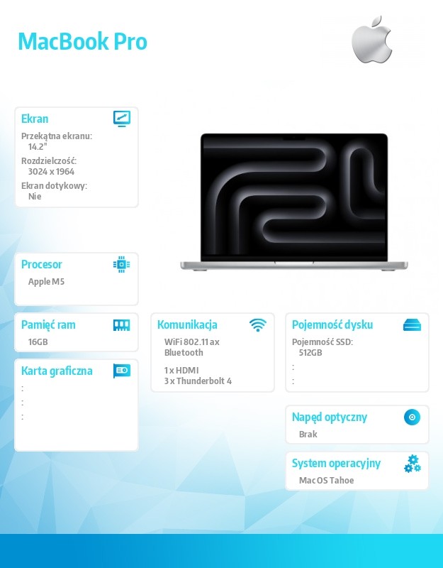 MacBook 14.2 cala: M5 10C/10C, 16GB, 512GB SSD - Srebrny