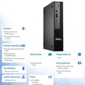 Komputer Dell Pro Micro QCM1255 W11Pro Ryzen 5 8500GE/1x16GB/512GB CL25/Integrated/WLAN + BT/Kb/65W/TPM/3YPS