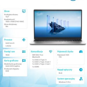 Laptop Dell Pro 15 Essential PV15250 W11P i5-1334U|16GB|1TB|IntelUHD|FgrPr|WLAN+BT|15.6 FHD|BcklKb|3C|65W|3YPS Platinum Silver (Aluminum)