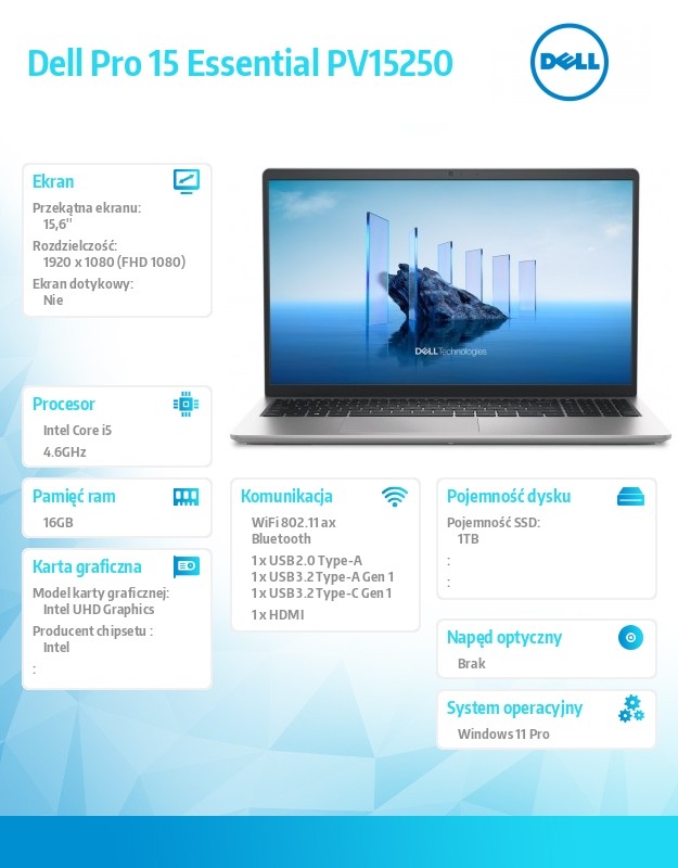 Laptop Dell Pro 15 Essential PV15250 W11P i5-1334U|16GB|1TB|IntelUHD|FgrPr|WLAN+BT|15.6 FHD|BcklKb|3C|65W|3YPS Platinum Silver (Aluminum)
