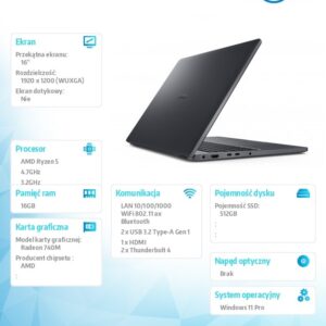 Laptop Dell Pro 16 PC16255 W11P Ryzen 5 PRO 215/16GB/512GB CL25/FgPr/FHD IR Cam&Mic/WLAN+BT/16.0FHD+/BcklKb/3C/65W/3YPS Magnetite color, textured fini