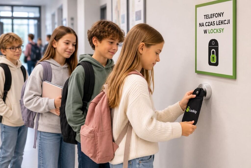 Uczniowie na szkolnym korytarzu odblokowują etui Locksy przy stanowisku z magnesem na ścianie