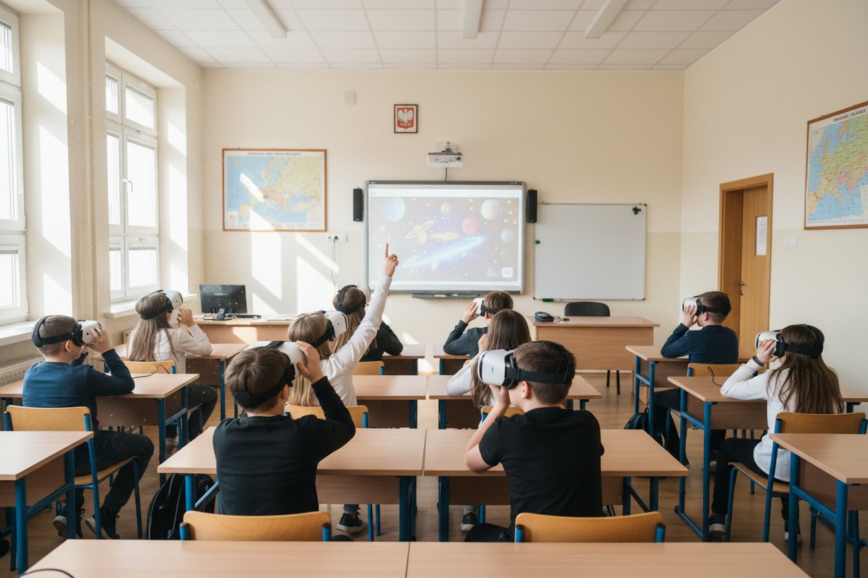 Uczniowie w goglach VR podczas lekcji – gogle VR w szkole w praktyce