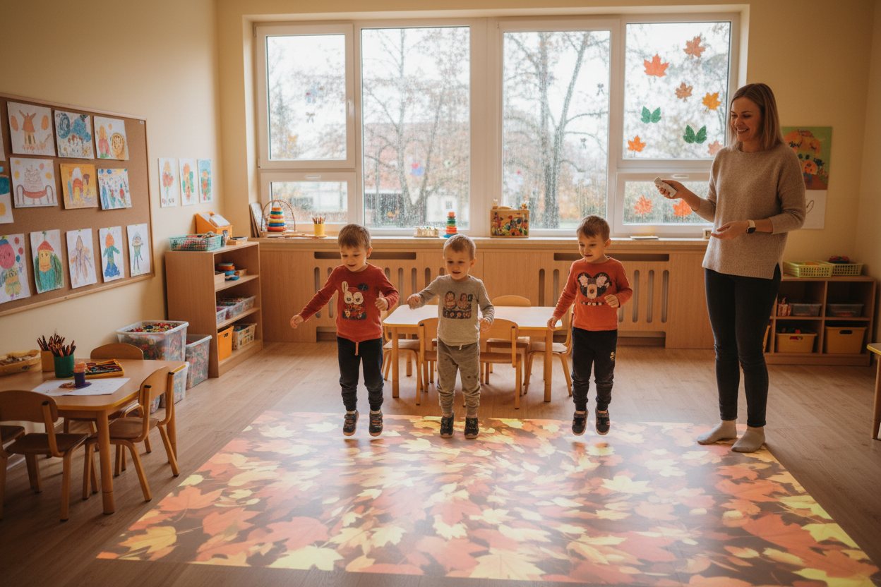 Przedszkolaki bawią się na podłodze interaktywnej w sali przedszkolnej w deszczowy dzień