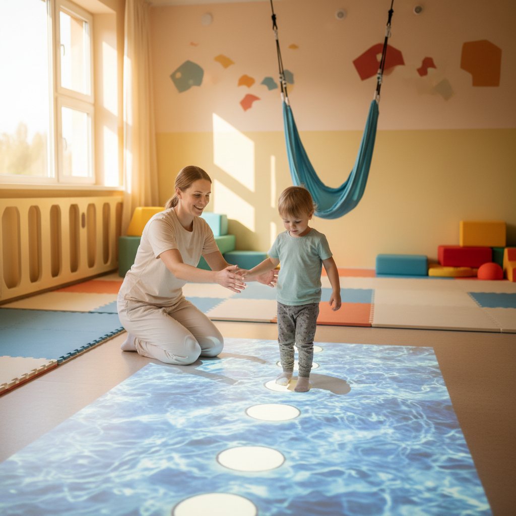 Terapeutka prowadzi zajęcia integracji sensorycznej z dzieckiem na podłodze interaktywnej